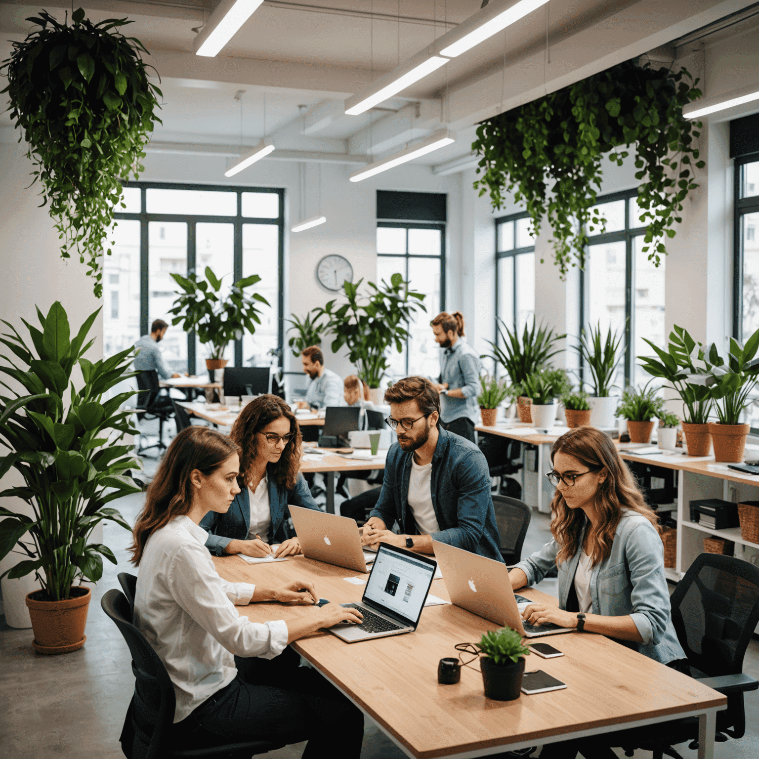 Equipo de zysuhio.com trabajando en una oficina moderna y luminosa en España. Se ve un grupo diverso de profesionales colaborando en un ambiente creativo, rodeados de plantas y tecnología de última generación.