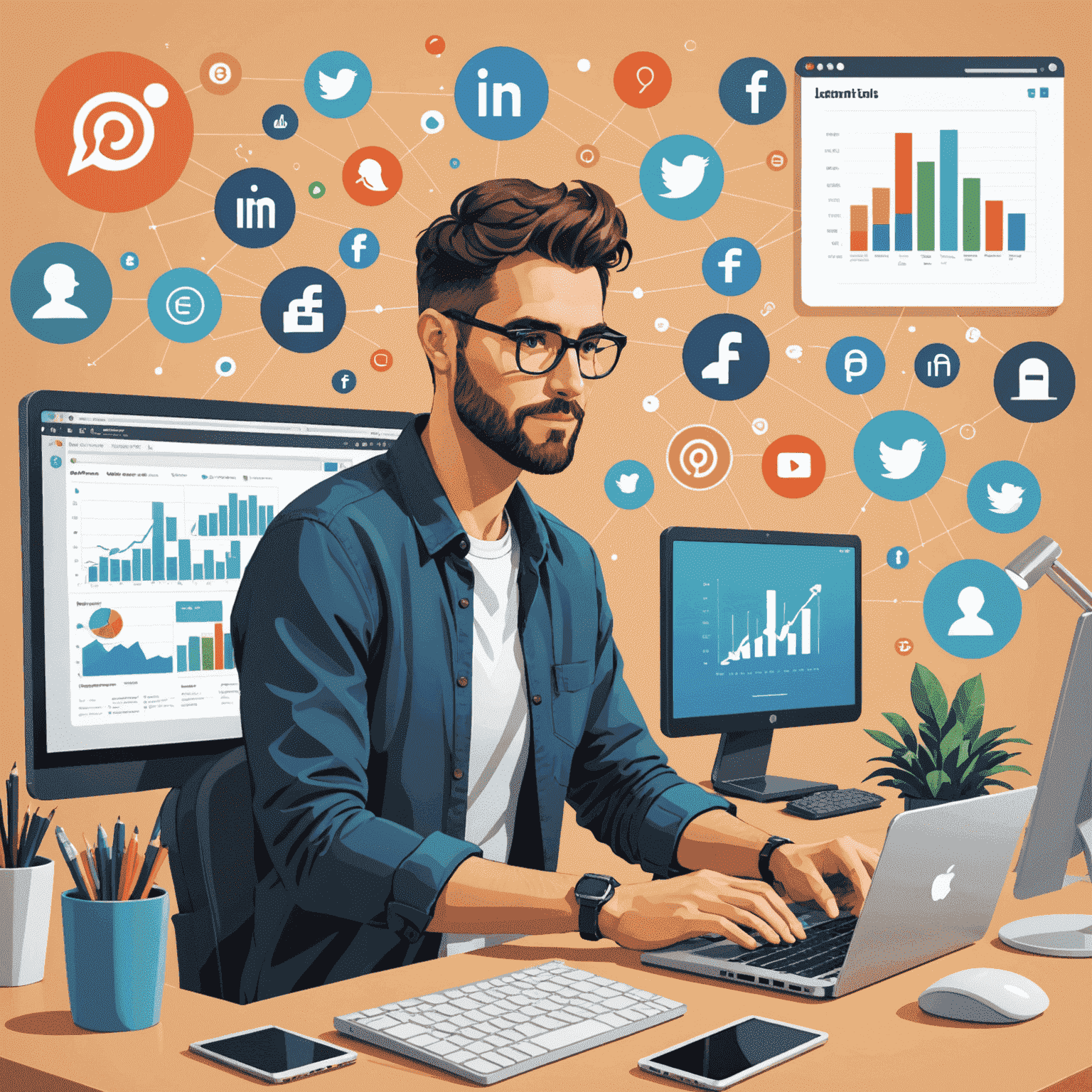 Ilustración de un blogger trabajando en su computadora, rodeado de iconos de redes sociales y gráficos de crecimiento de audiencia