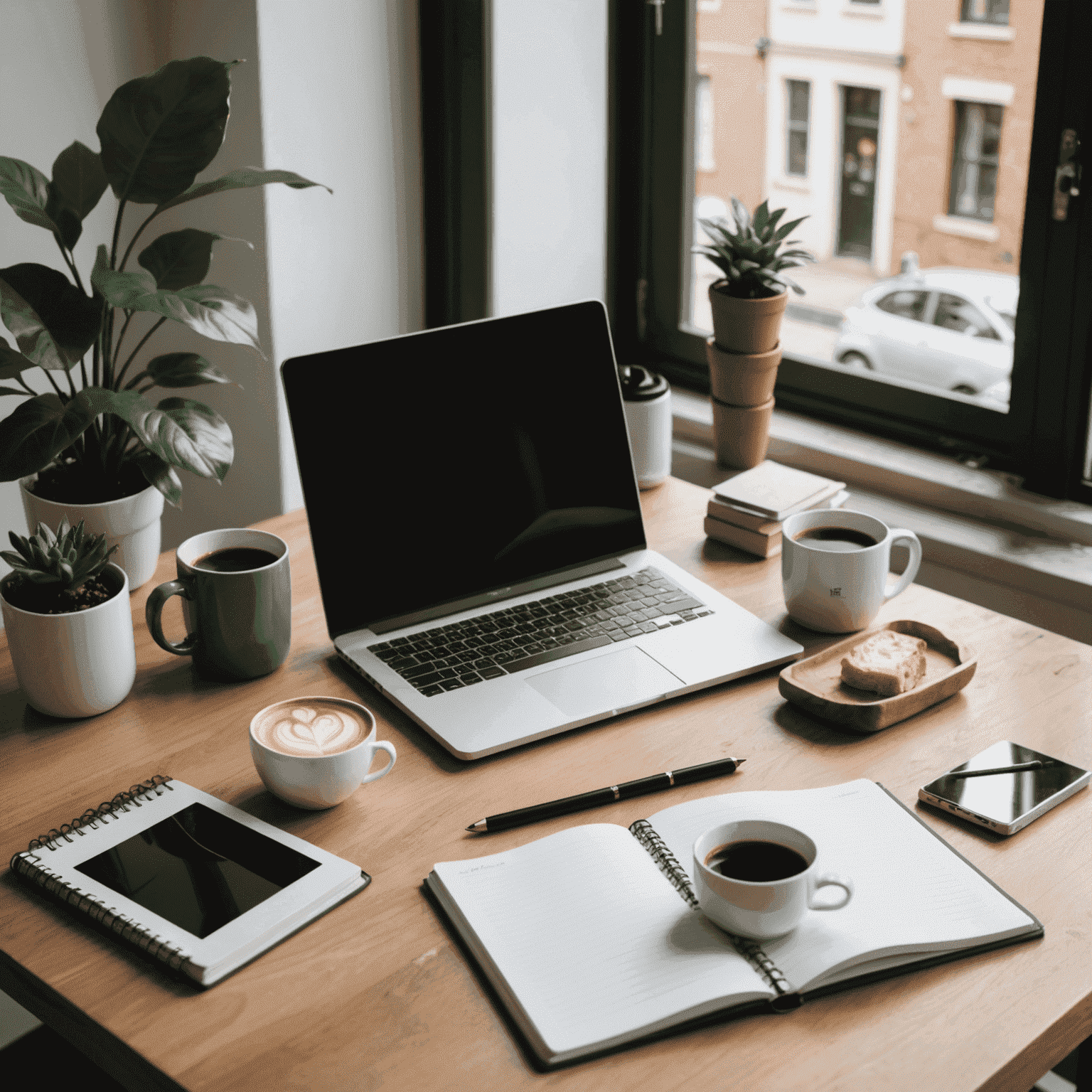 Imagen de un escritorio con una laptop, una taza de café y un cuaderno. Representa el espacio de trabajo de un blogger creativo.