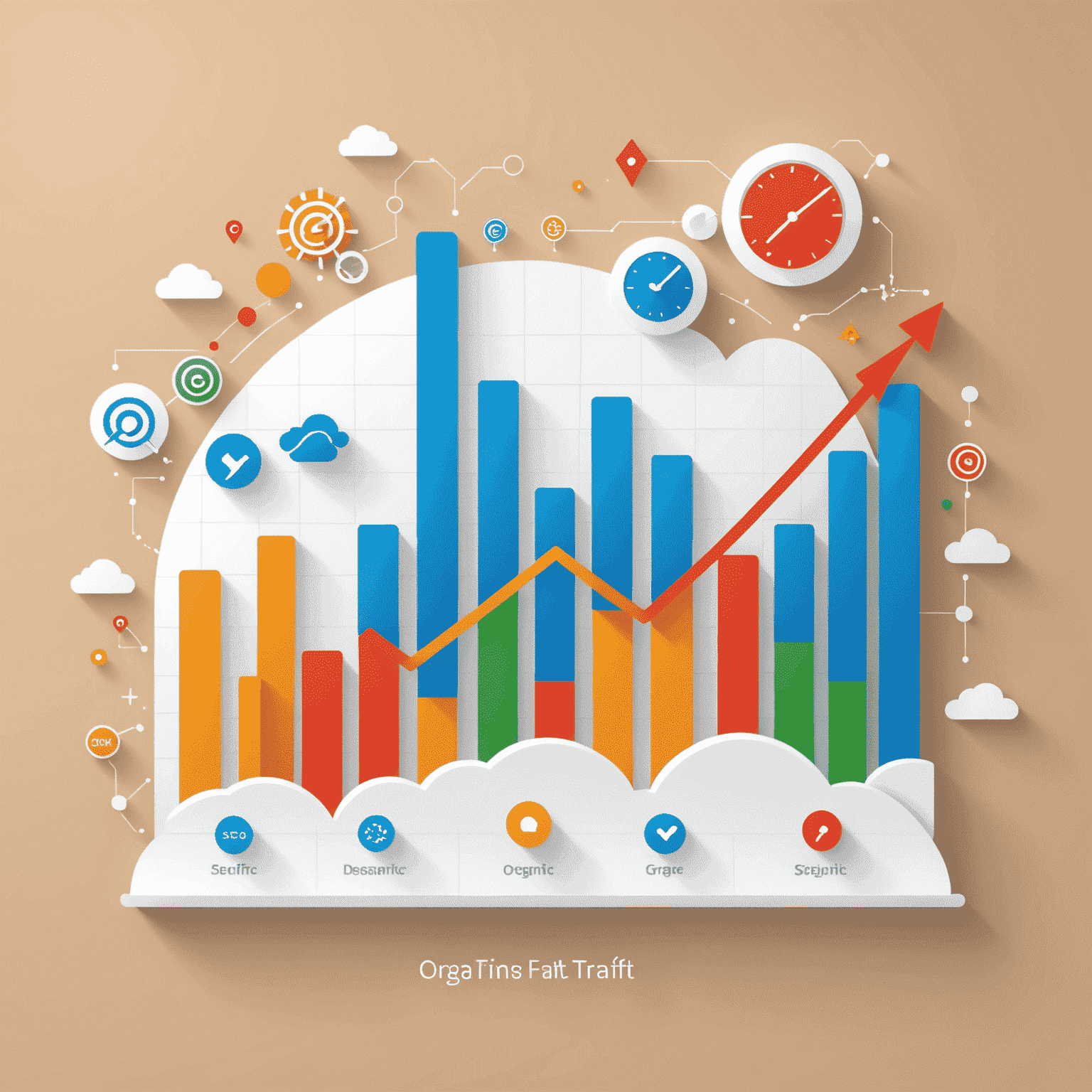 Gráfico mostrando el aumento de tráfico orgánico después de implementar estrategias de SEO, con líneas ascendentes y iconos de dispositivos