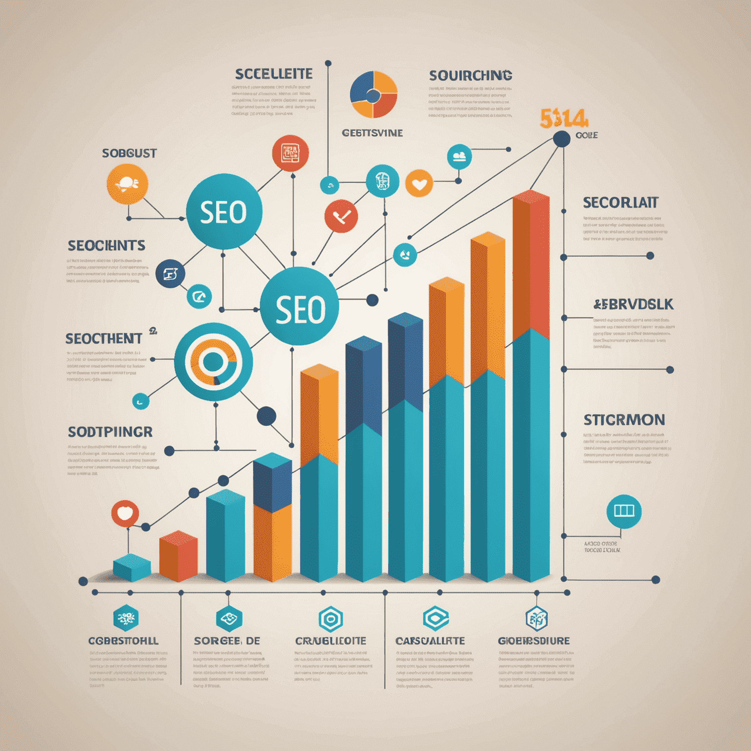 Imagen que muestra un gráfico ascendente con iconos de SEO y palabras clave